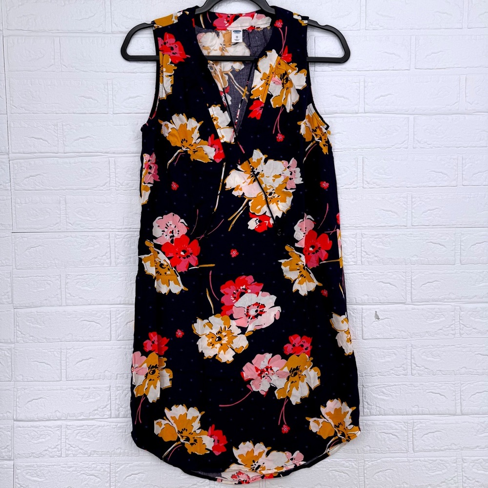 Old Navy Floral Shift Dress Womens XS Navy Blue Sleeveless V-Neck Casual Summer